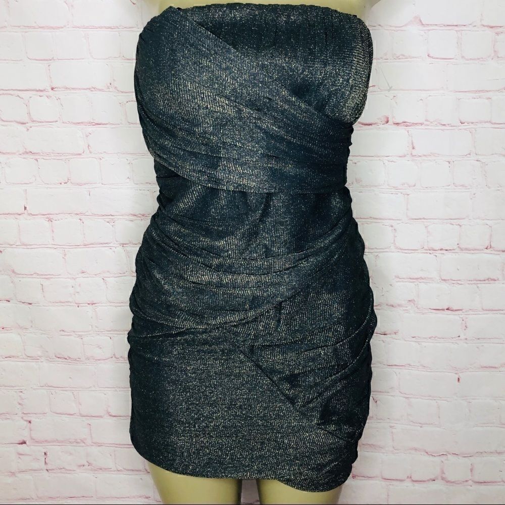 Grey strapless dress with gold shimmer
